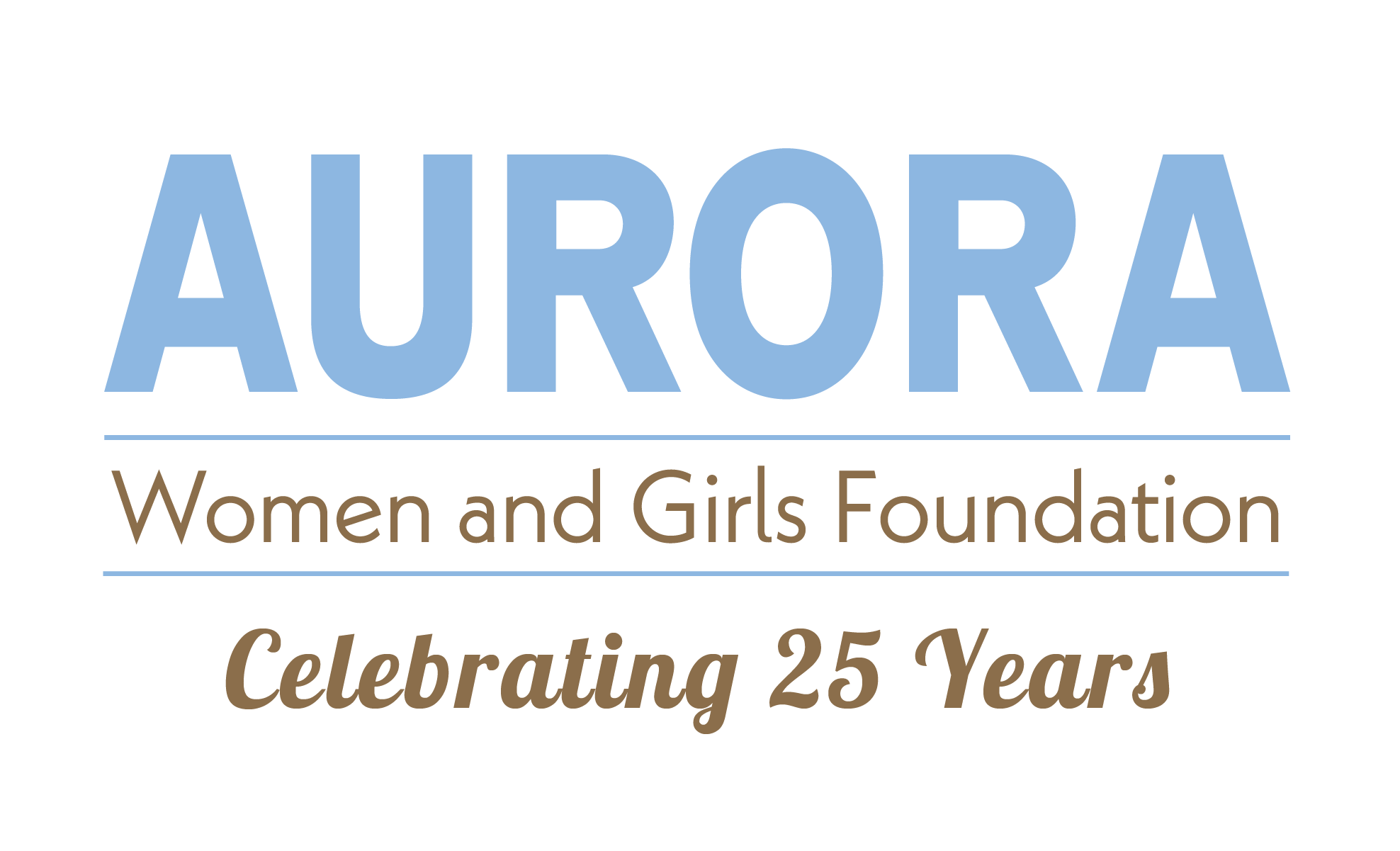 Aurora Women and Girls Foundation logo with light blue and brown text, featuring the phrase "Celebrating 25 Years"