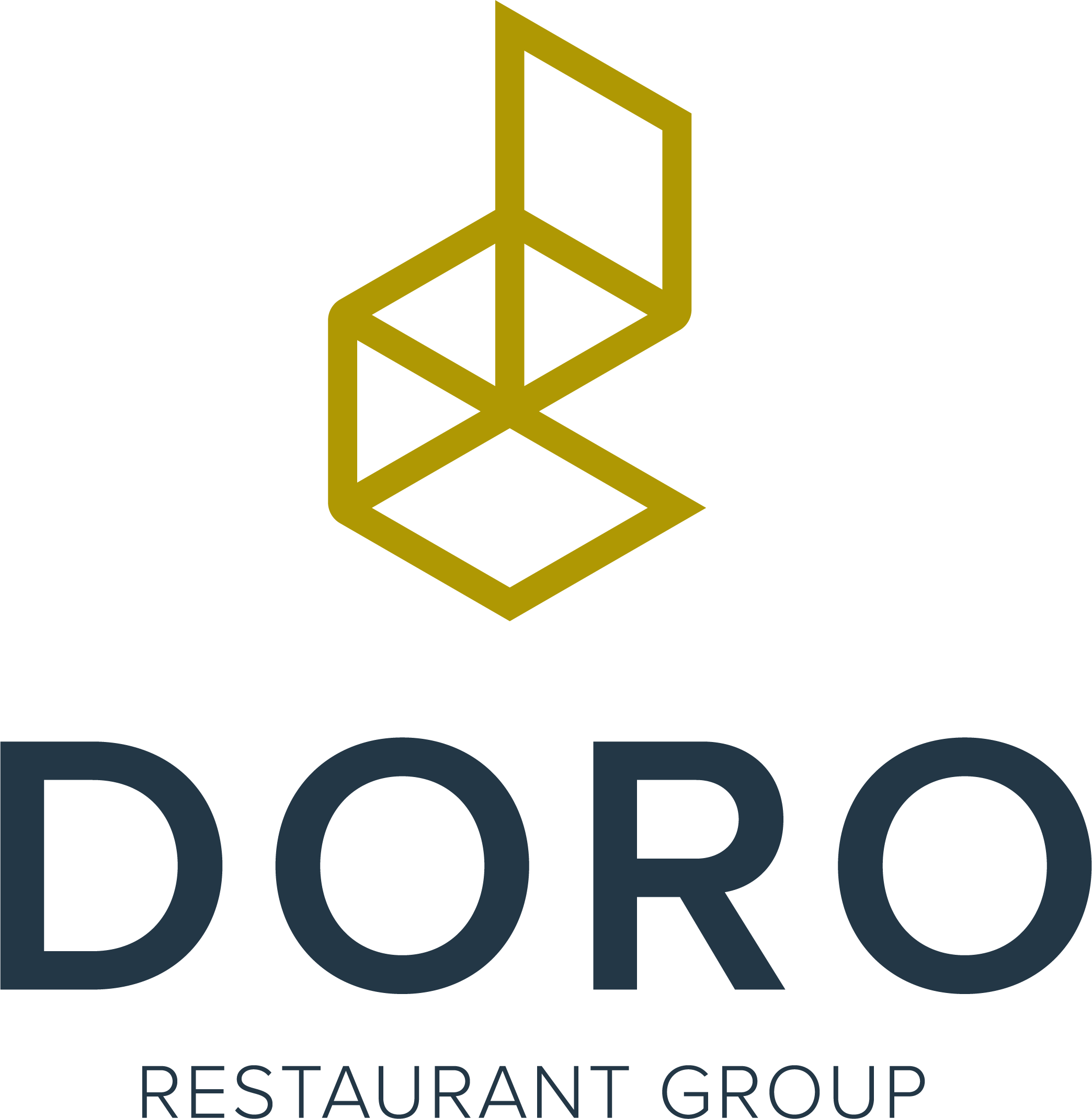 Doro Restaurant Group logo featuring a geometric gold icon above bold navy blue text