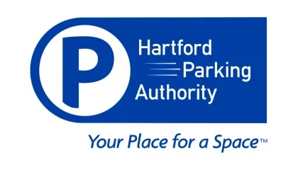 Hartford Parking Authority logo with a large white "P" inside a blue circle and the tagline "Your Place for a Space"