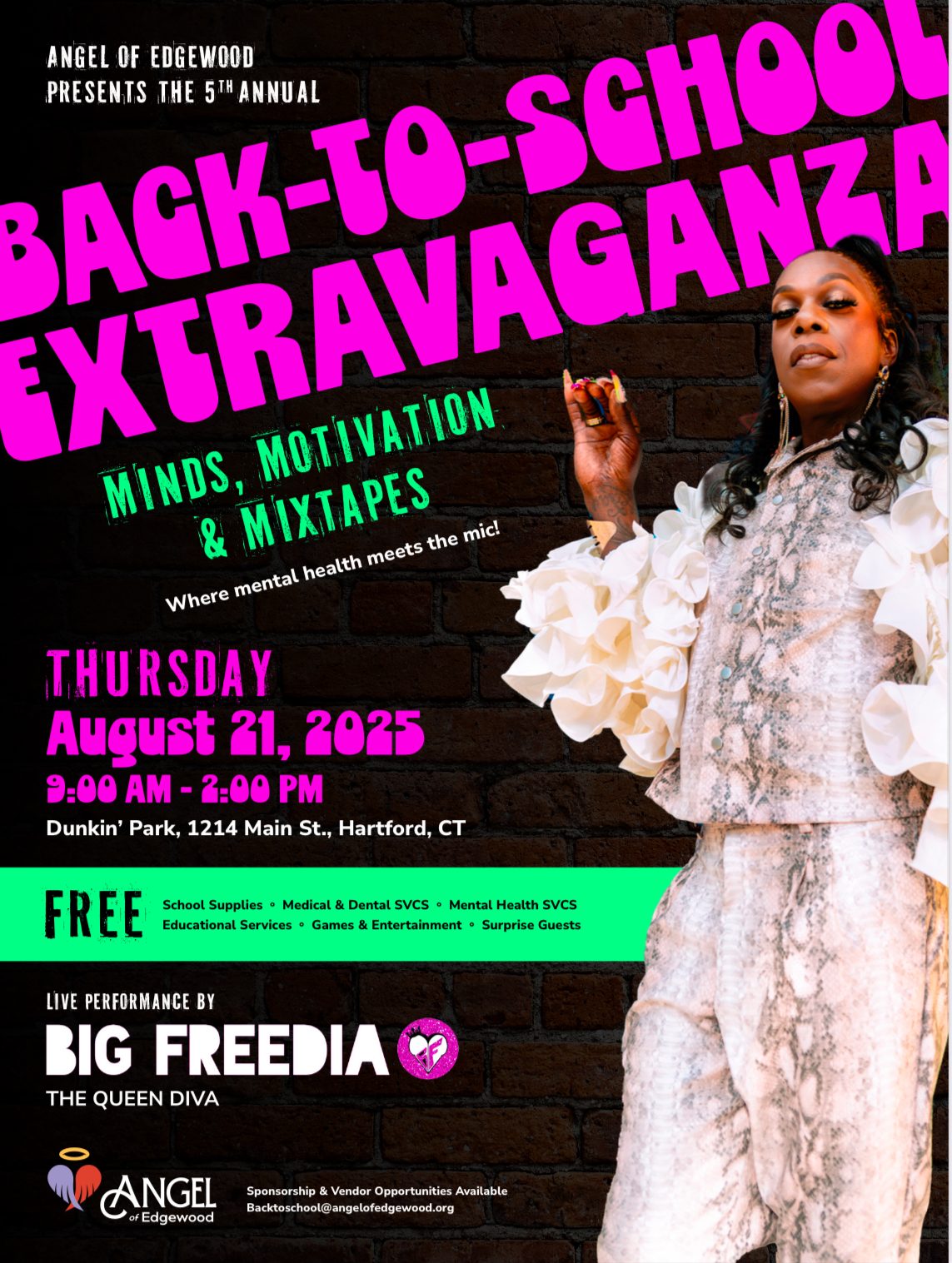 Promotional flyer for Angel of Edgewood’s 5th Annual Back-to-School Extravaganza featuring performer Big Freedia, with event date, time, location, and service details including free school supplies, health services, and entertainment.