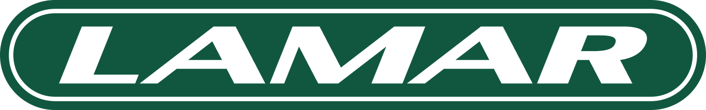 Lamar Advertising Company logo featuring bold white uppercase letters spelling "LAMAR" inside a dark green rounded rectangle with a white border.
