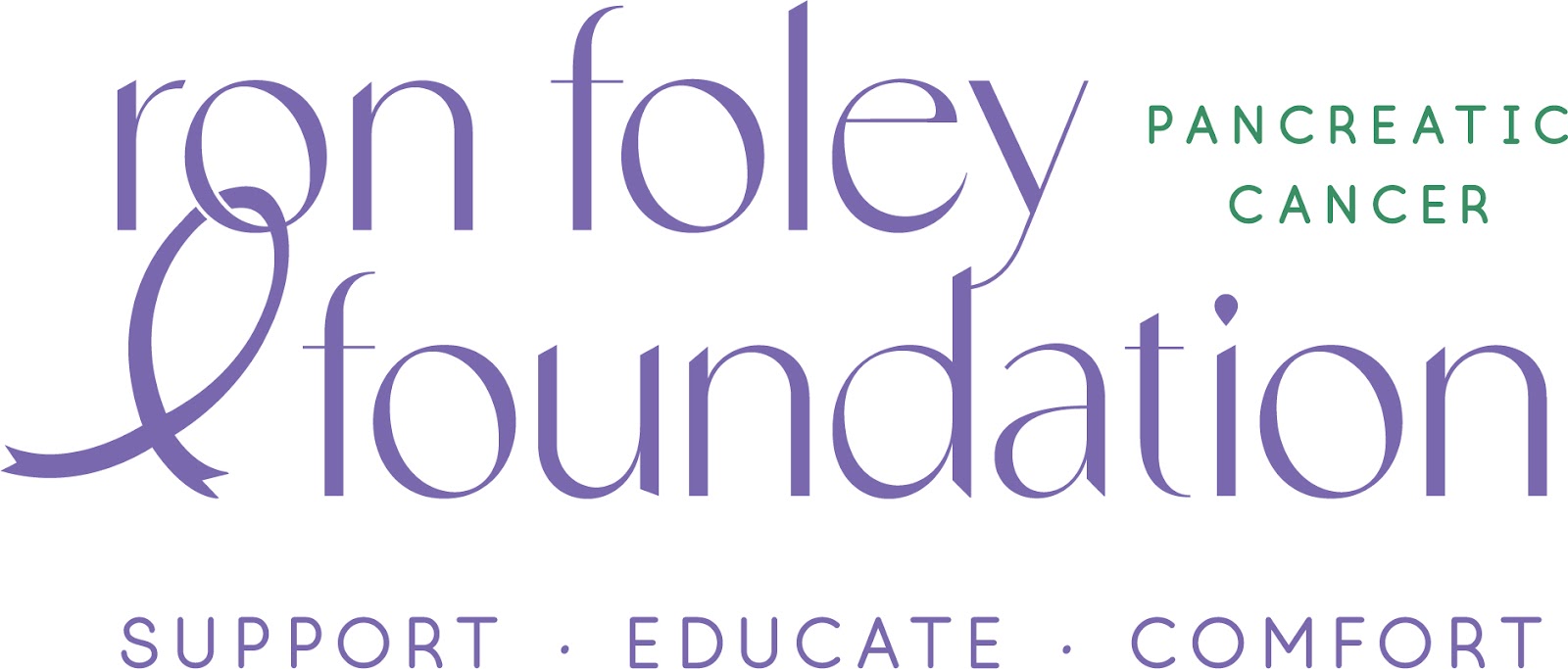 Ron Foley Foundation logo in purple and green text with a ribbon symbol, featuring the words "Pancreatic Cancer" and the tagline "Support · Educate · Comfort"