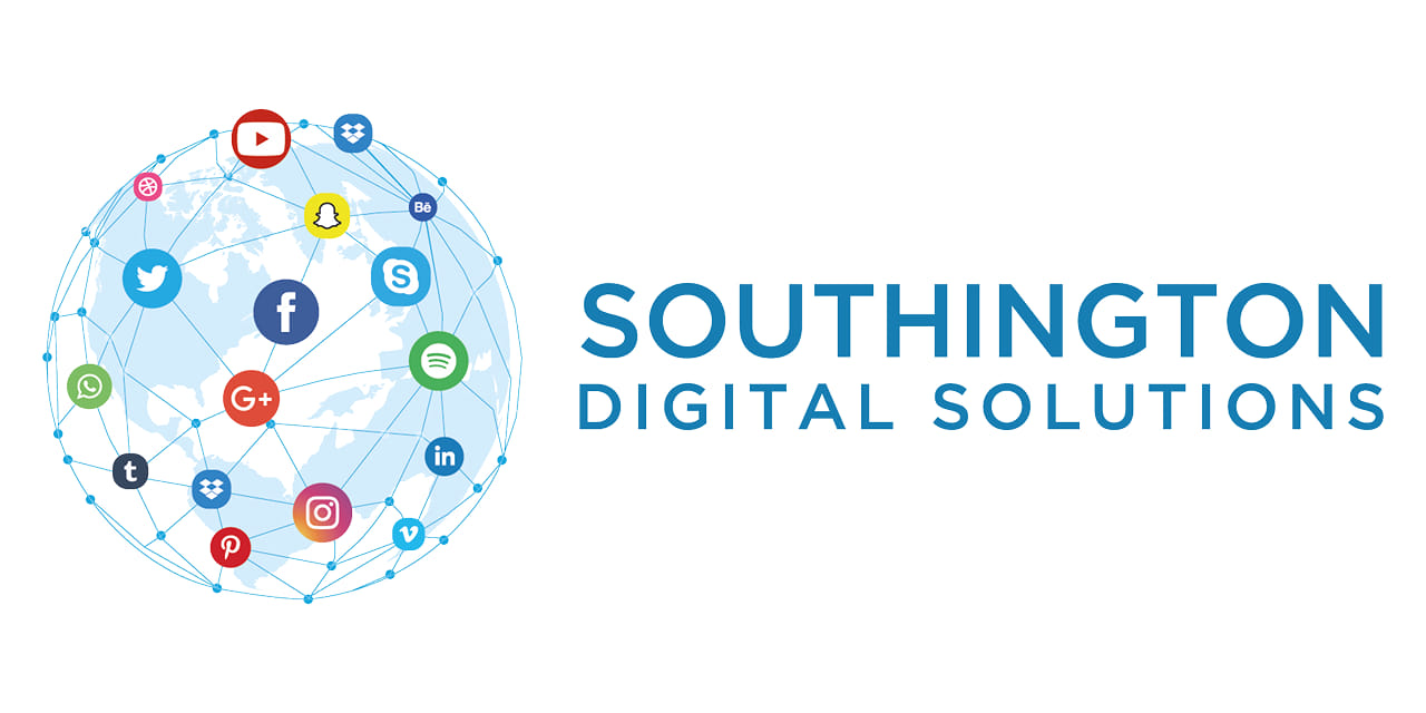 Southington Digital Solutions logo featuring a globe connected by social media icons and blue modern text on the right