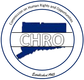 CHRO logo featuring a blue silhouette of Connecticut with the text "CHRO" across the center, encircled by the words "Commission on Human Rights and Opportunities" and "Established 1943"