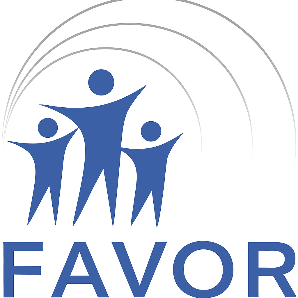 FAVOR logo featuring three stylized blue human figures of varying sizes beneath three gray arched lines, with the word "FAVOR" in bold blue capital letters below