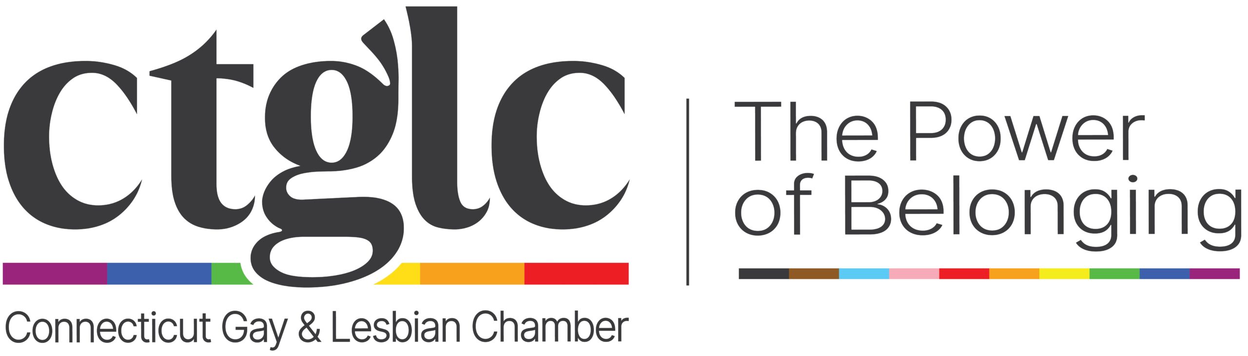Connecticut Gay & Lesbian Chamber logo featuring the acronym "ctglc" and the phrase "The Power of Belonging" with a rainbow-colored underline
