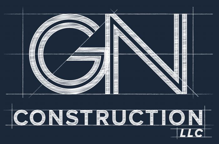 GN Construction LLC logo in white blueprint-style text on a dark blue background with architectural guidelines