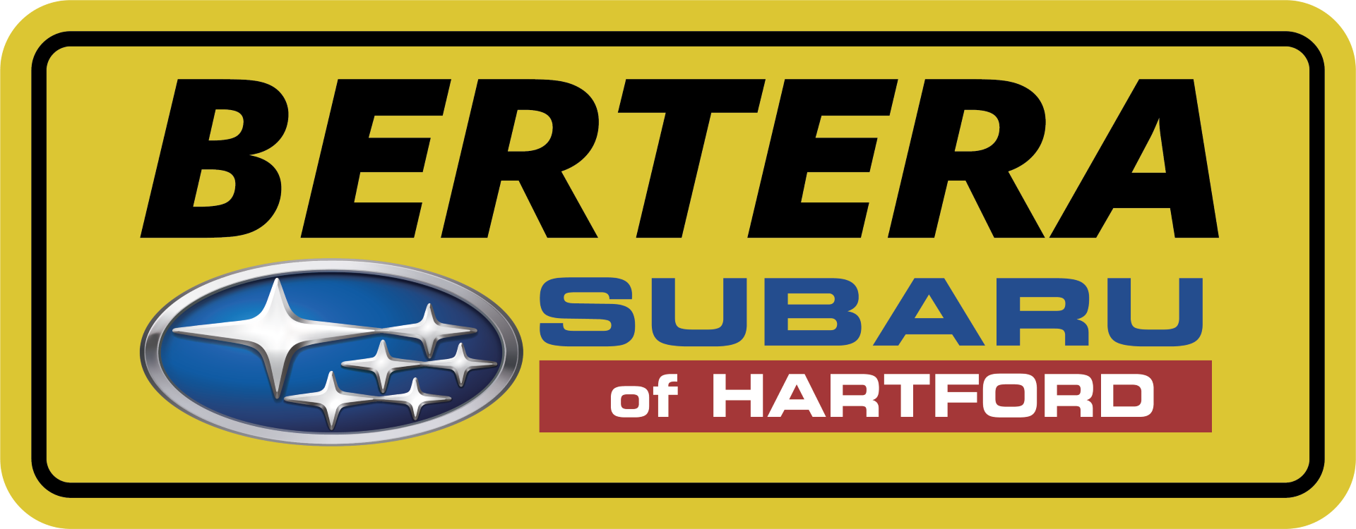Bertera Subaru of Hartford logo plate in yellow and black branding with blue Subaru emblem and bold typography.